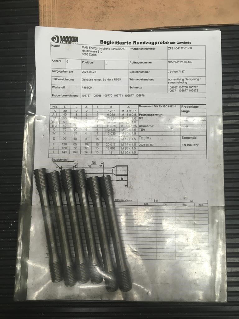 Sampled material- threaded type, prepared for tensile testing