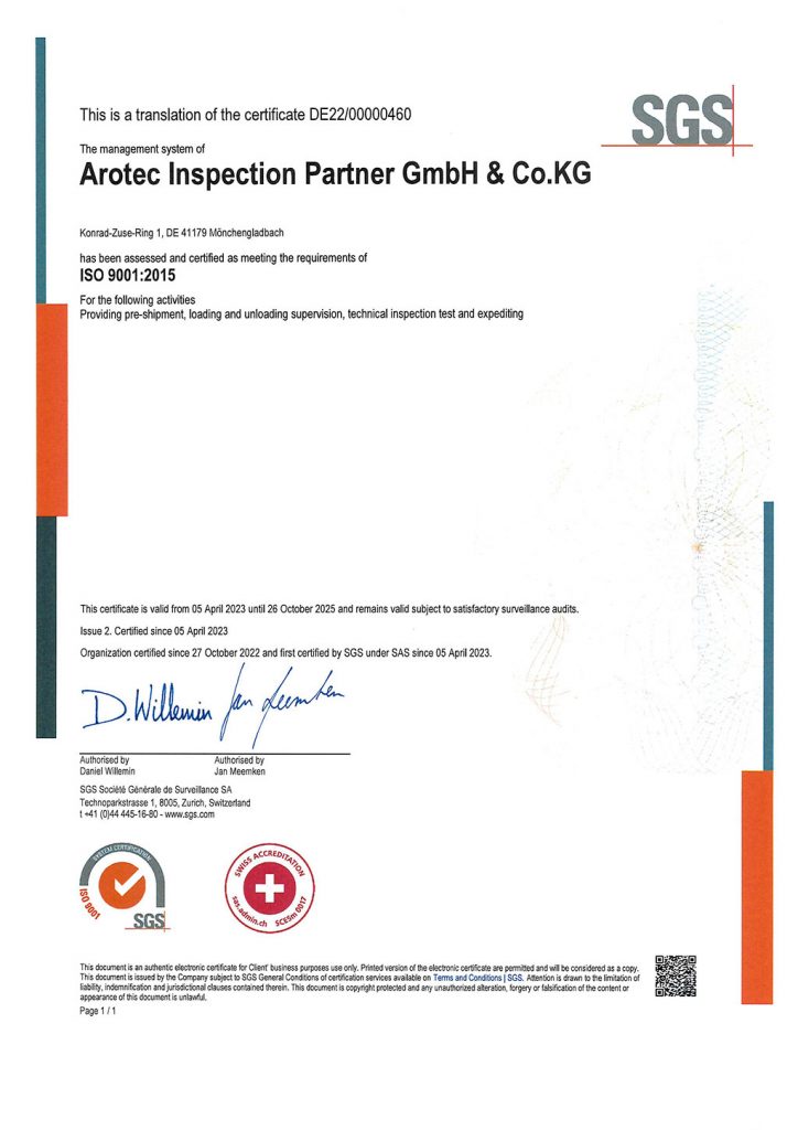 Arotec ISO certificate